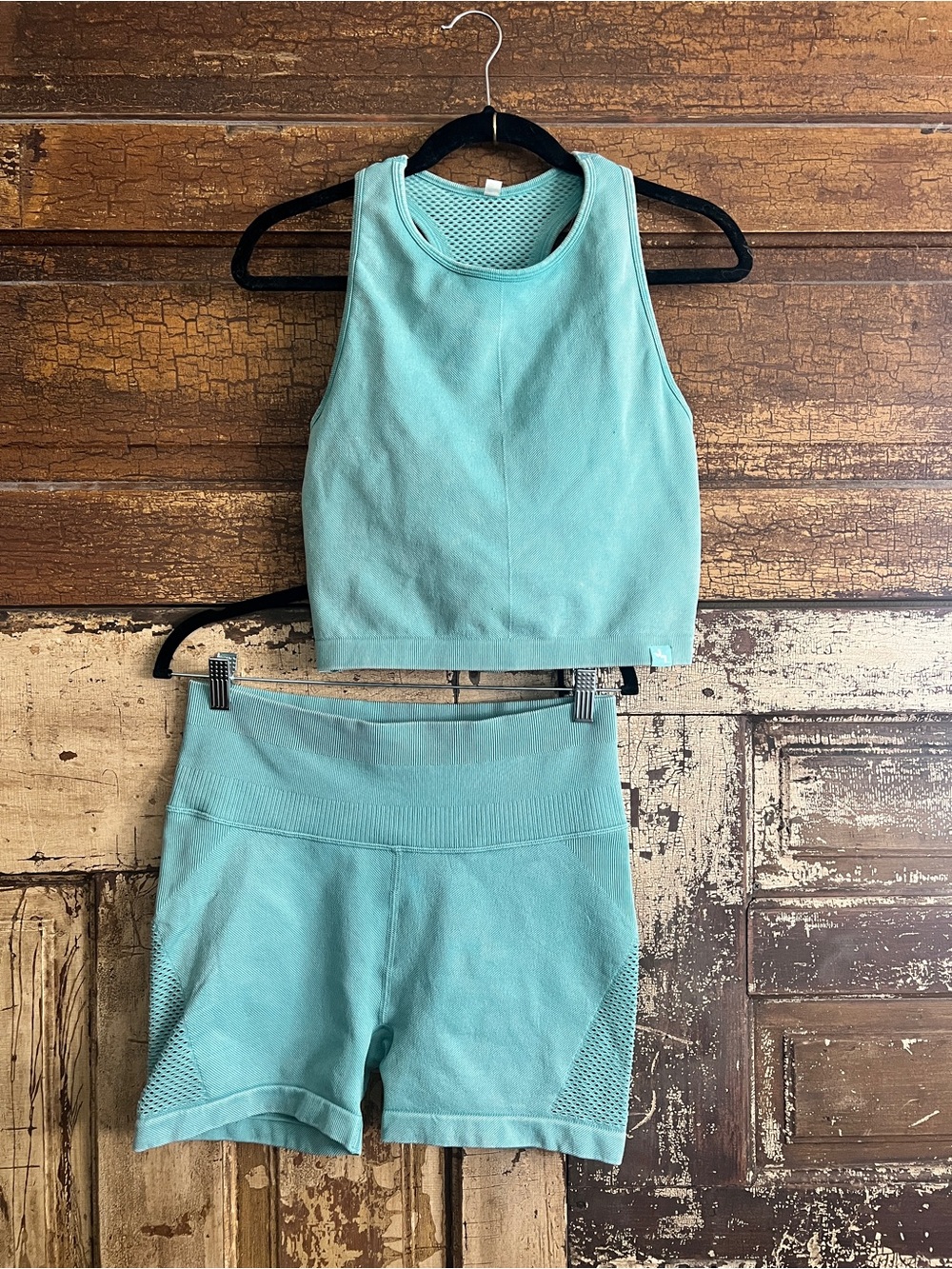 JoyLab Aqua Green Mesh-Detail Athletic Shorts Set